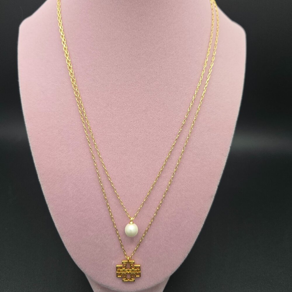 Tory Burch Britten Layered Gold Tone Necklace w/DoubleT Logo & Single Pearl